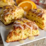 Freshly baked orange scones on a plate with a sprinkle of powdered sugar