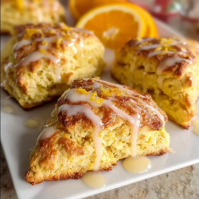 Freshly baked orange scones on a plate with a sprinkle of powdered sugar