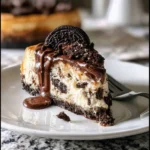 Decadent Oreo Cheesecake with a crumbly crust and Oreo cookie toppings
