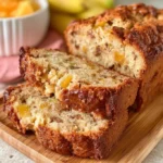 Deliciously moist Peach Banana Bread with slices topped with fresh peaches