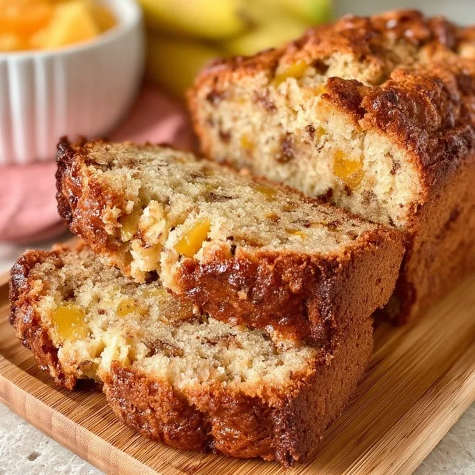 Deliciously moist Peach Banana Bread with slices topped with fresh peaches