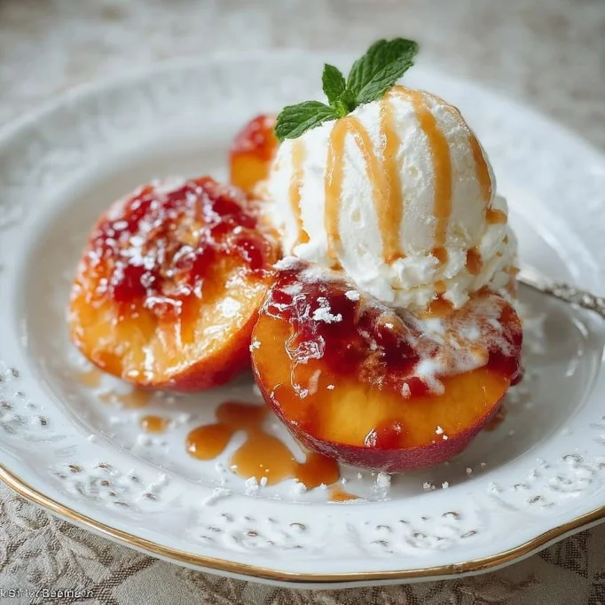 Delicious peach dessert topped with whipped cream and fresh mint