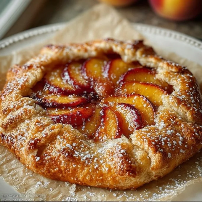 Delicious homemade Peach Galette with fresh peaches on a rustic crust