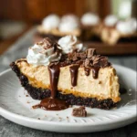 Deliciously creamy Peanut Butter Pie slice on a plate with chocolate drizzle