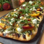 Delectable pesto, grilled peach, and burrata flatbread garnished with fresh herbs.