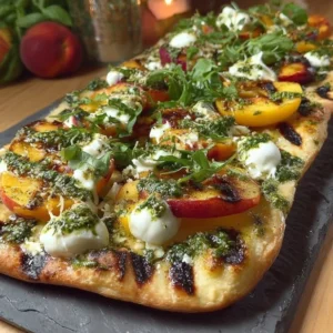 Delectable pesto, grilled peach, and burrata flatbread garnished with fresh herbs.