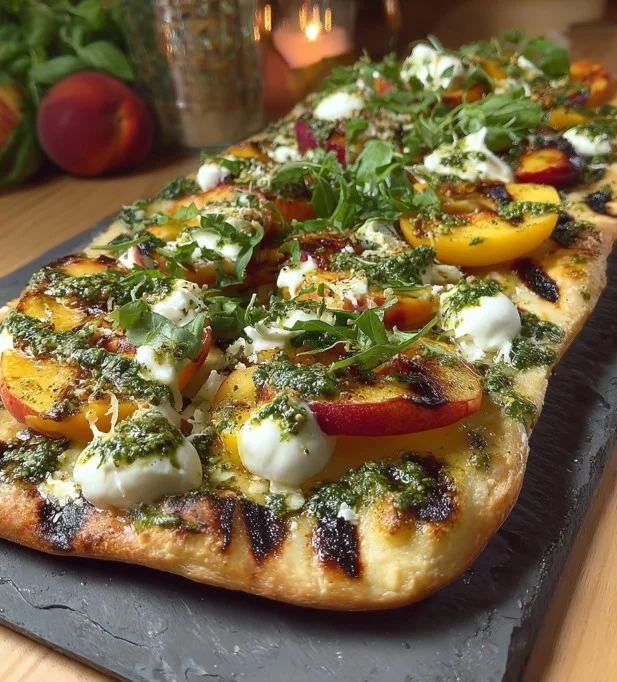 Delectable pesto, grilled peach, and burrata flatbread garnished with fresh herbs.