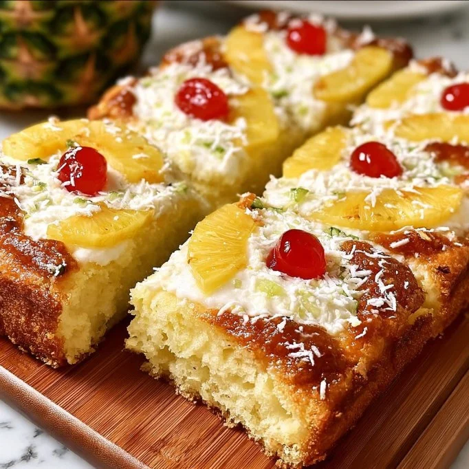Delicious pineapple coconut cake decorated with tropical fruits
