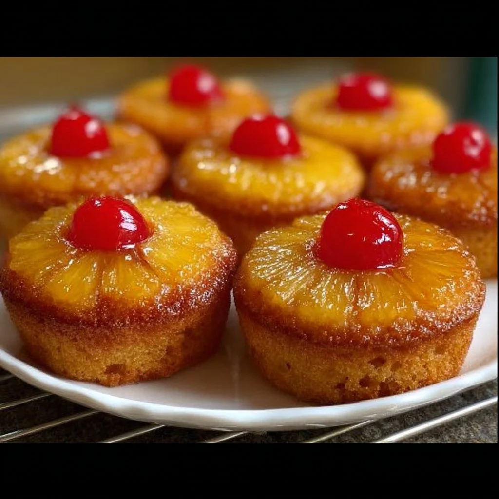Delicious Pineapple Upside Down Cupcakes with caramelized pineapple topping.