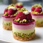 Delicious Raspberry Pistachio Mousse Cakes with fresh raspberries and pistachio garnish
