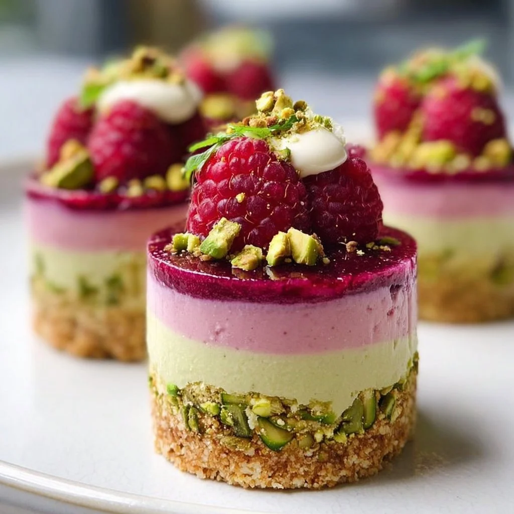 Delicious Raspberry Pistachio Mousse Cakes with fresh raspberries and pistachio garnish