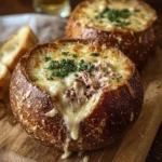 Reuben Dip served in a rye bread bowl, a delicious party appetizer