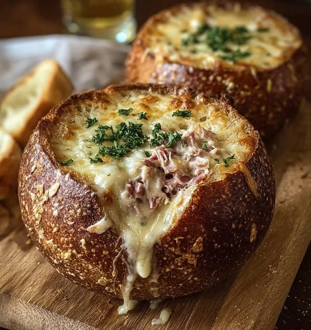 Reuben Dip served in a rye bread bowl, a delicious party appetizer