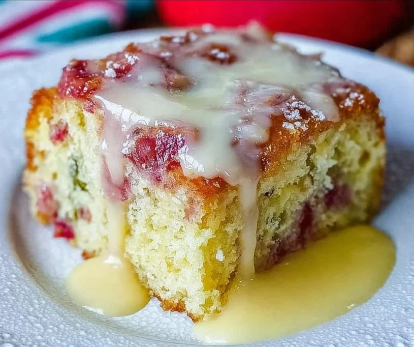 Slice of Rhubarb Cake with Butter Sauce on a white plate