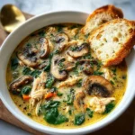 Bowl of rotisserie chicken mushroom soup garnished with fresh herbs