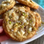 Soft and chewy white chocolate pistachio cookies on a baking tray