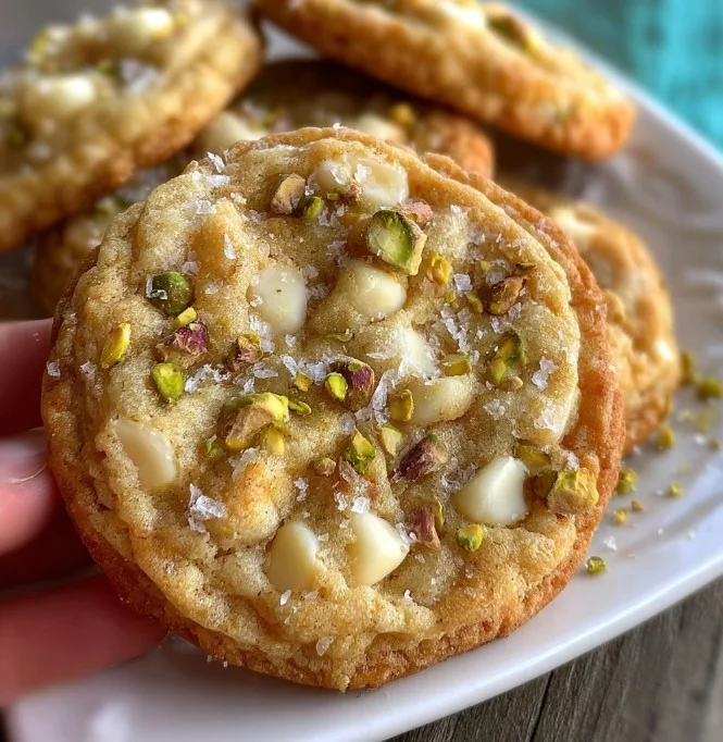 Soft and chewy white chocolate pistachio cookies on a baking tray