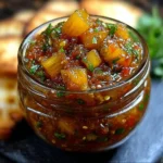 Spicy Pineapple Jalapeño Chutney in a jar with fresh ingredients