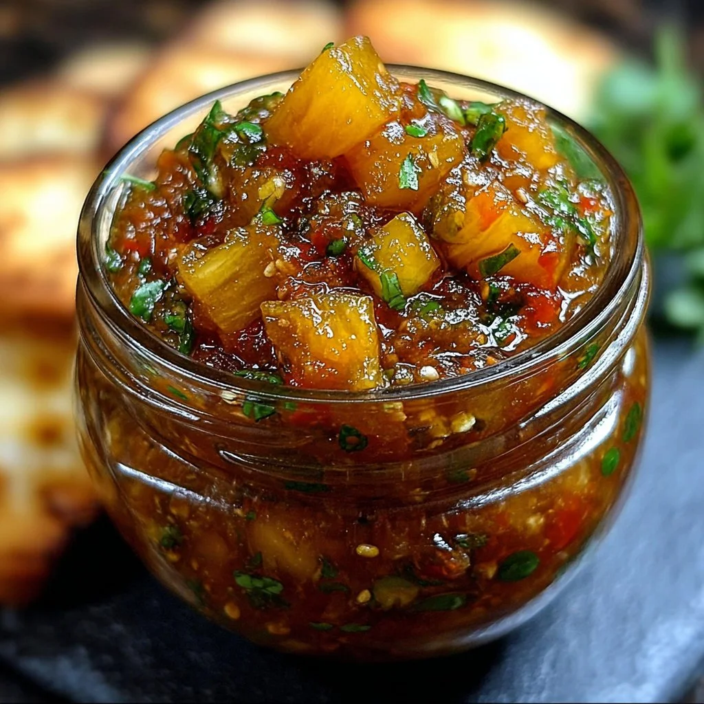 Spicy Pineapple Jalapeño Chutney in a jar with fresh ingredients