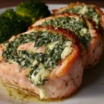 Spinach and feta stuffed salmon pinwheels on a plate