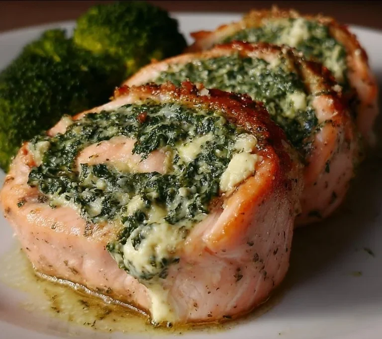 Spinach and feta stuffed salmon pinwheels on a plate