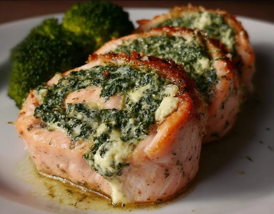Spinach and feta stuffed salmon pinwheels on a plate