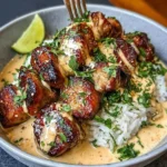 Sizzling Steak Bites with Creamy Parmesan Sauce served on a plate.