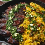 Juicy Steak with Spinach Sauce and Corn on a plate.
