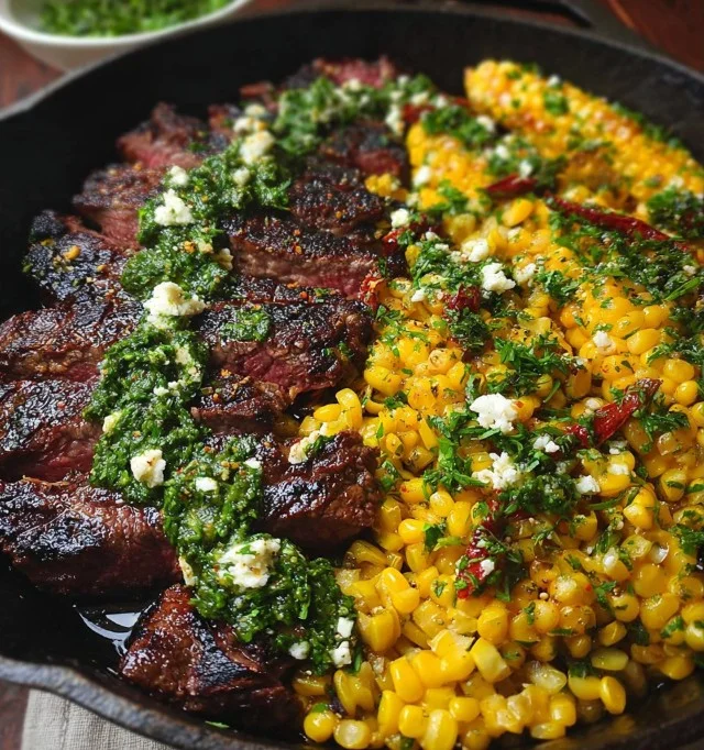 Juicy Steak with Spinach Sauce and Corn on a plate.
