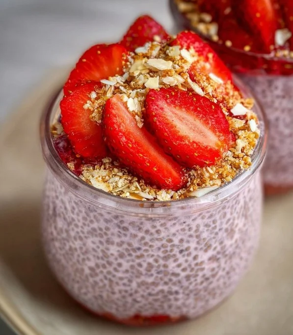 Strawberry crumble chia pudding served in a glass bowl with fresh strawberries