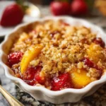 Delicious strawberry peach crisp dessert with a golden oat topping
