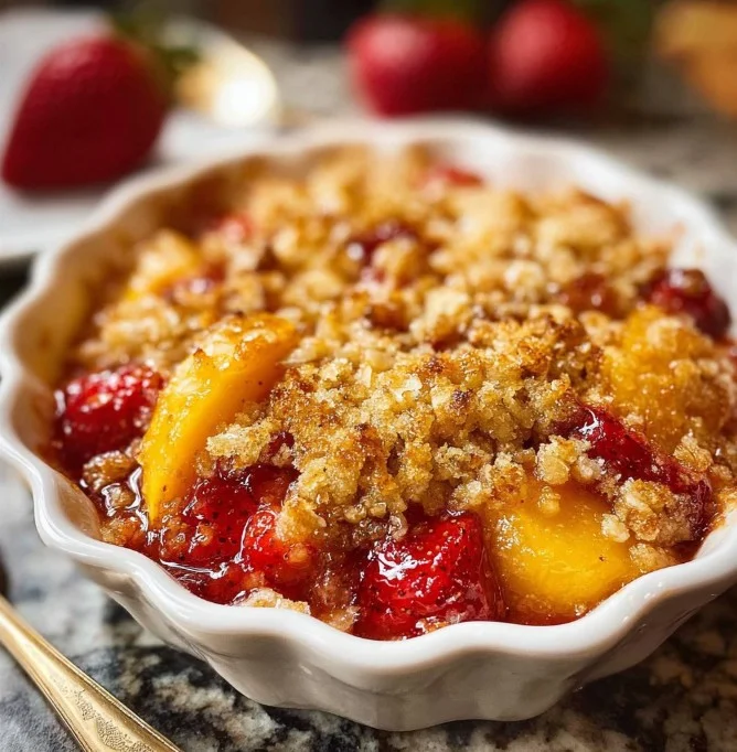 Delicious strawberry peach crisp dessert with a golden oat topping