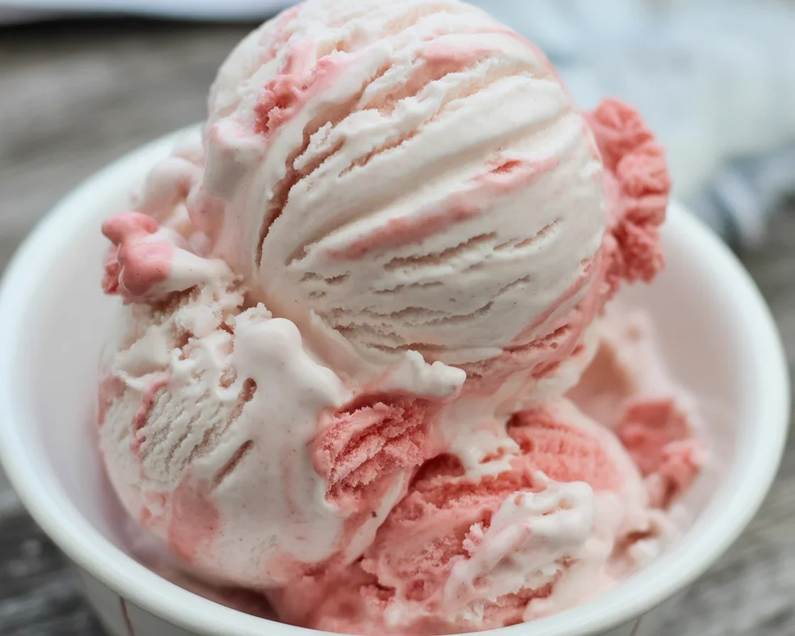 Delicious homemade strawberry shortcake ice cream with fresh strawberries.