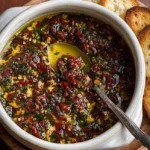 Sun-dried tomato olive oil bread dip served with fresh bread slices.