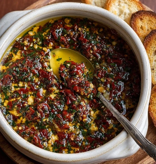 Sun-dried tomato olive oil bread dip served with fresh bread slices.