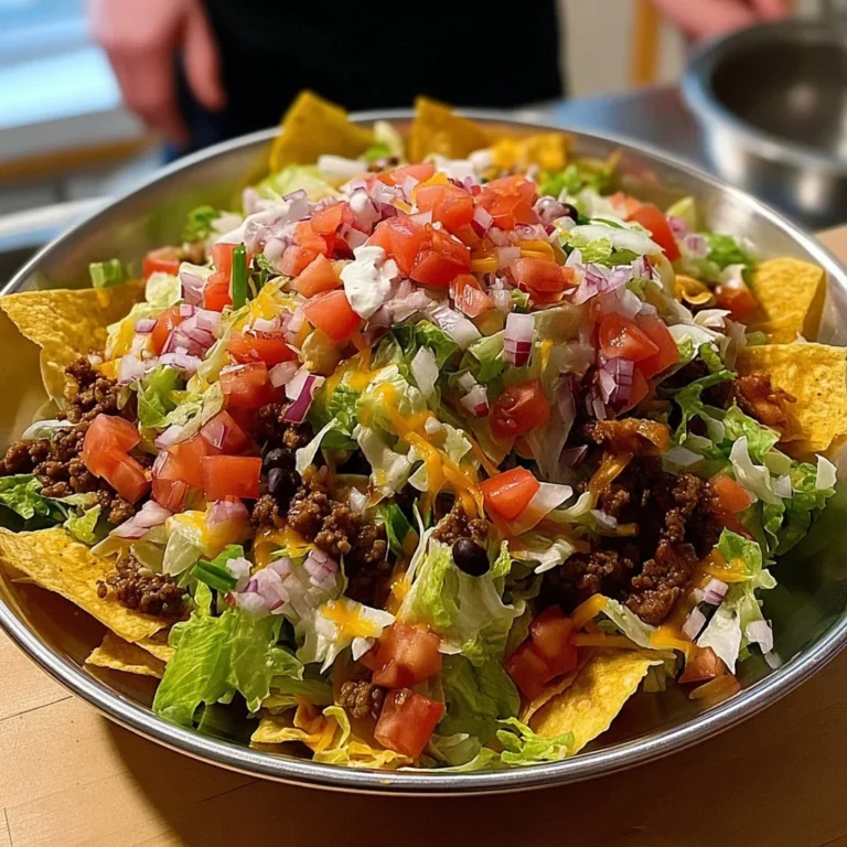 Colorful and fresh Taco Salad with layers of toppings and dressing
