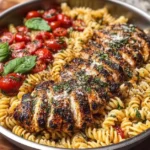 Plate of Tomato Basil Pasta with Balsamic Grilled Chicken garnished with basil.
