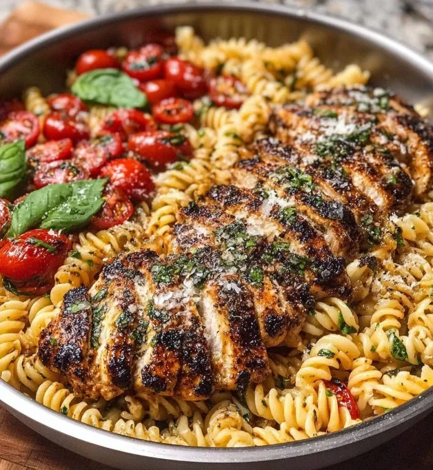Plate of Tomato Basil Pasta with Balsamic Grilled Chicken garnished with basil.