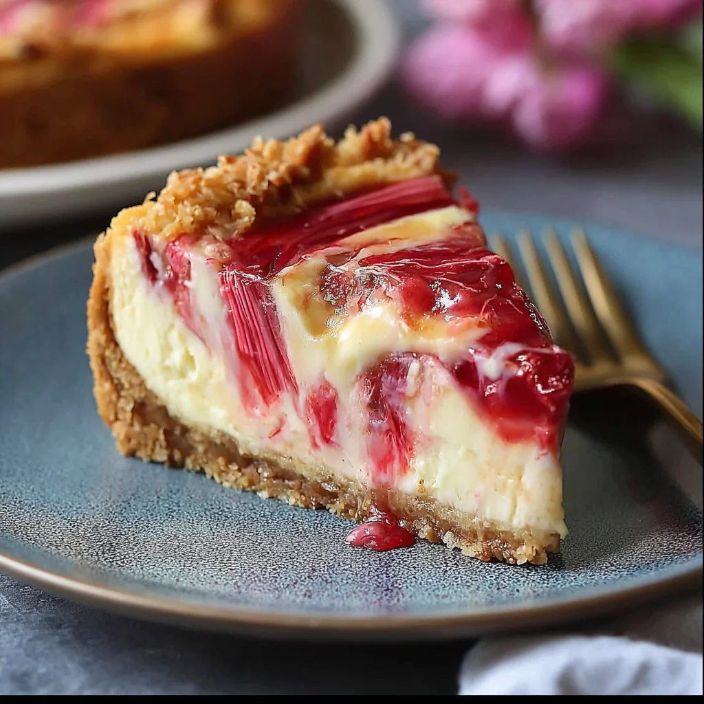 Delicious homemade Rhubarb Cheesecake topped with fresh rhubarb
