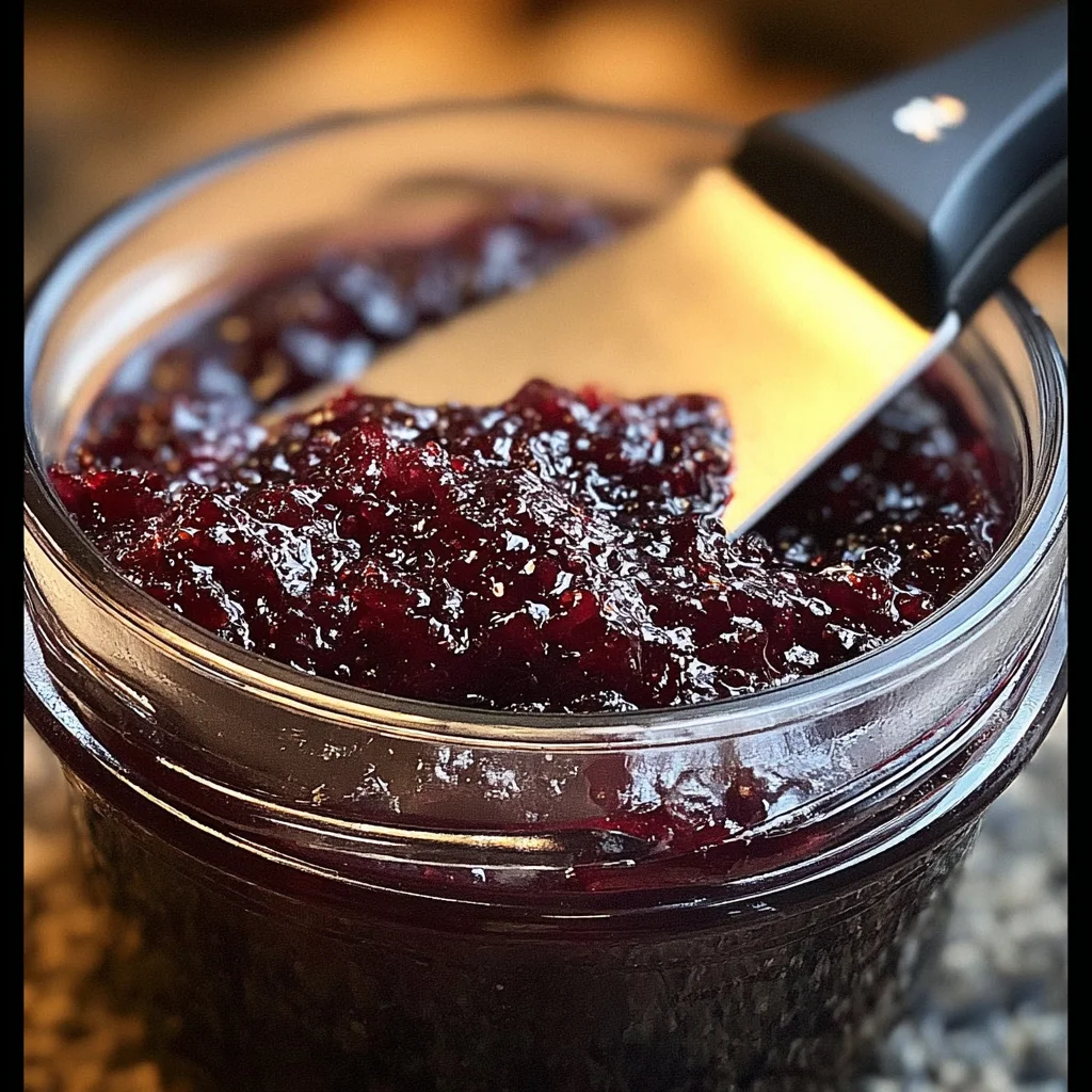 Homemade blueberry rhubarb jam in a jar with fresh berries and rhubarb stalks.