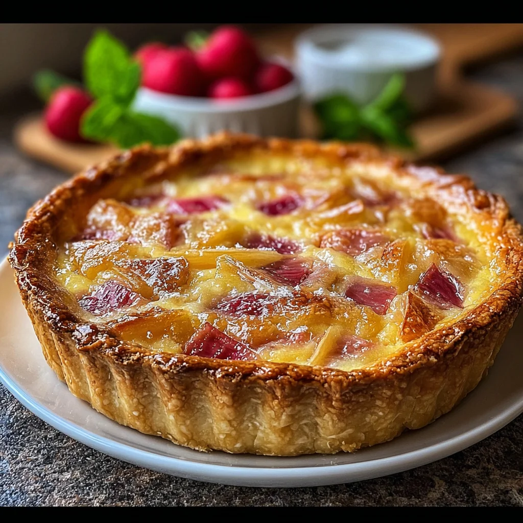 Delicious crustless rhubarb custard pie fresh out of the oven