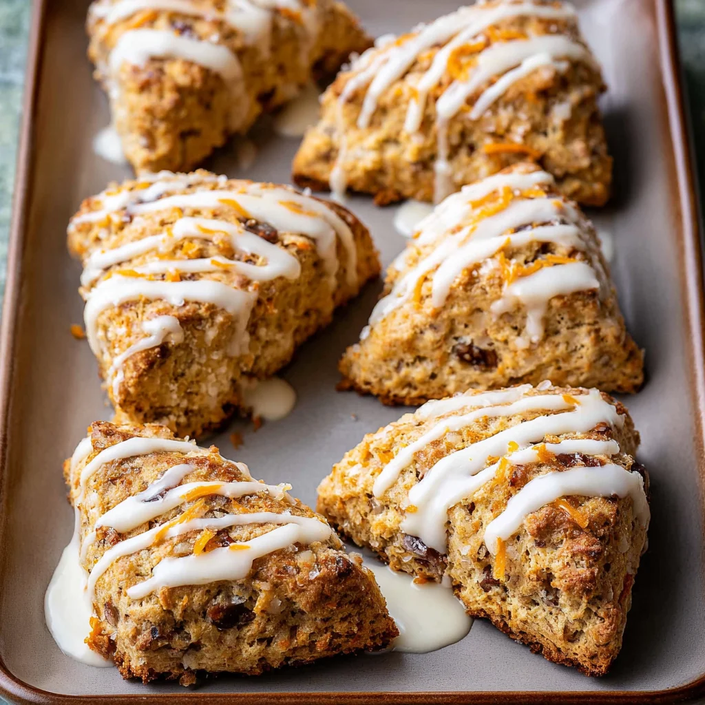 Delicious carrot cake scones with cream cheese glaze on a plate