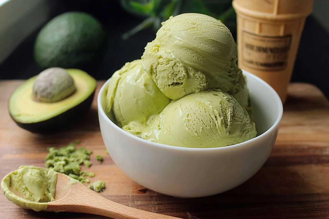 Homemade avocado ice cream in a bowl with fresh avocado slices on top
