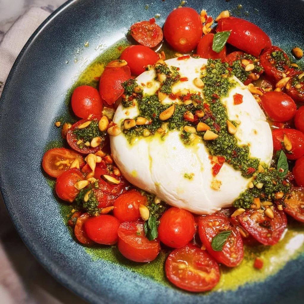 Burrata with Tomatoes and Pesto served with ripe tomatoes and fresh pesto sauce