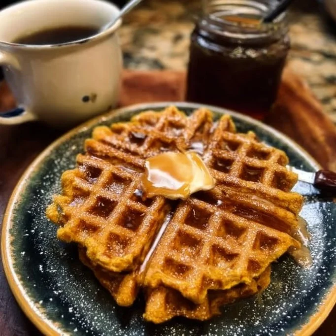 Delicious homemade Cider Pumpkin Waffles topped with maple syrup.
