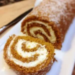 Classic pumpkin roll dessert with cream filling on a plate