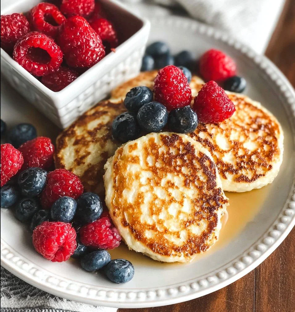 Fluffy cottage cheese pancakes served with fresh fruits and syrup on a plate