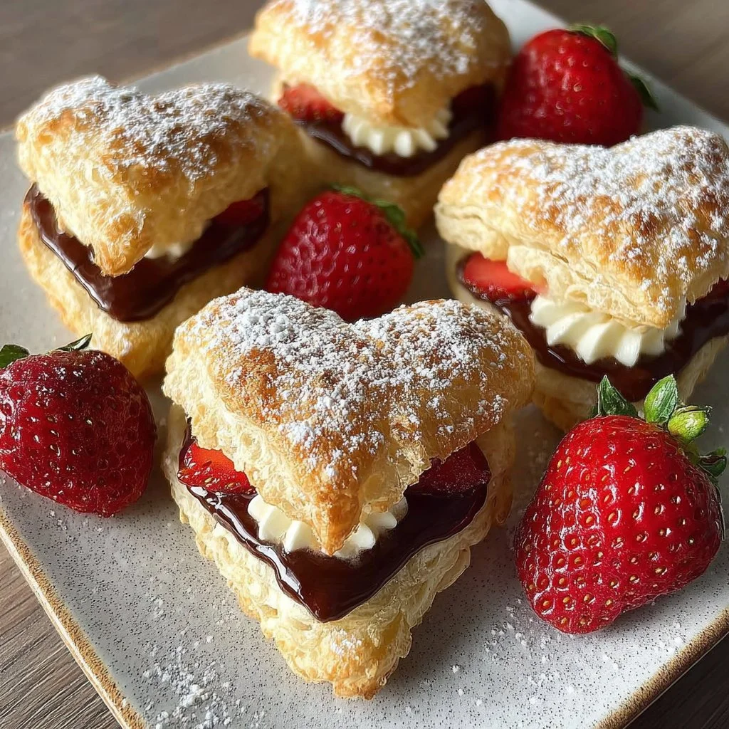 Crispy air fryer chocolate and strawberry pastry hearts served on a plate