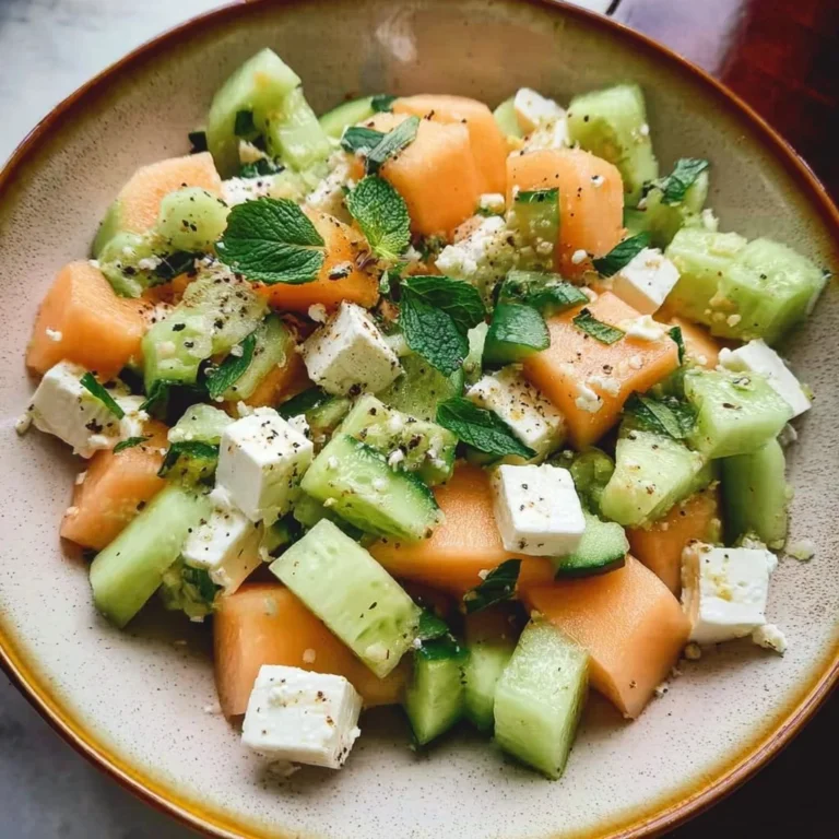 Cucumber and melon salad with feta cheese in a bowl