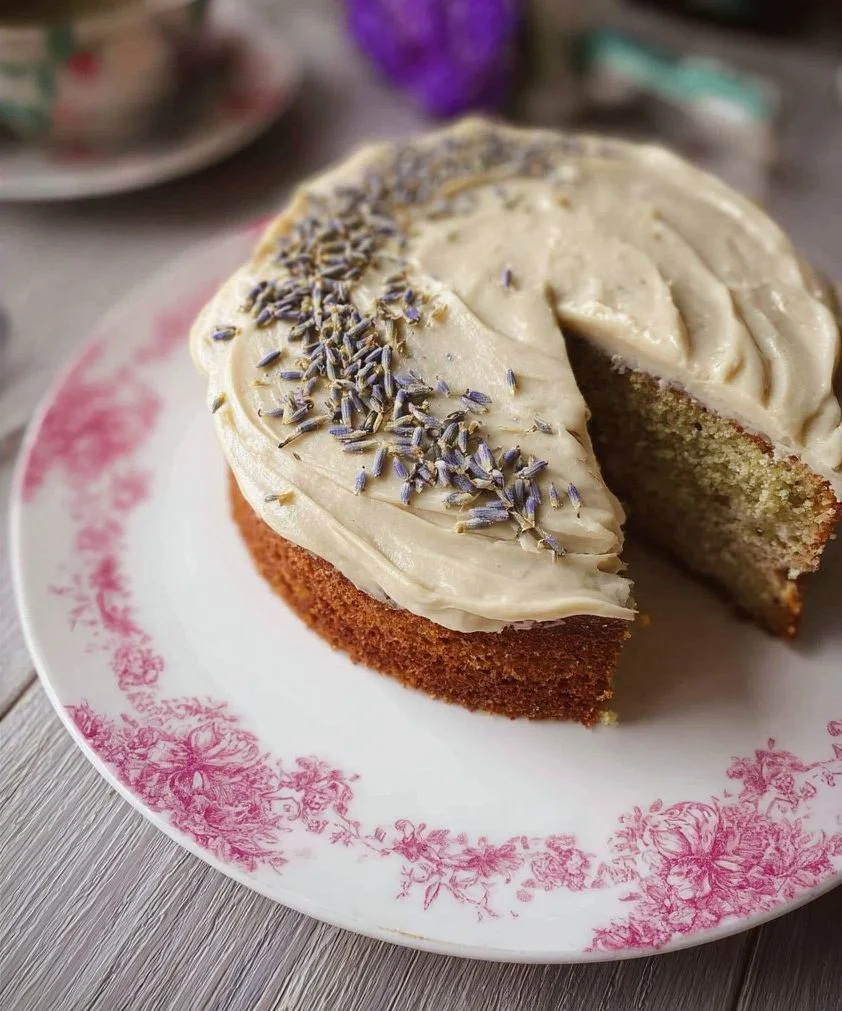 Sliced Earl Grey Tea Cake with Lavender Buttercream frosting on a white plate.